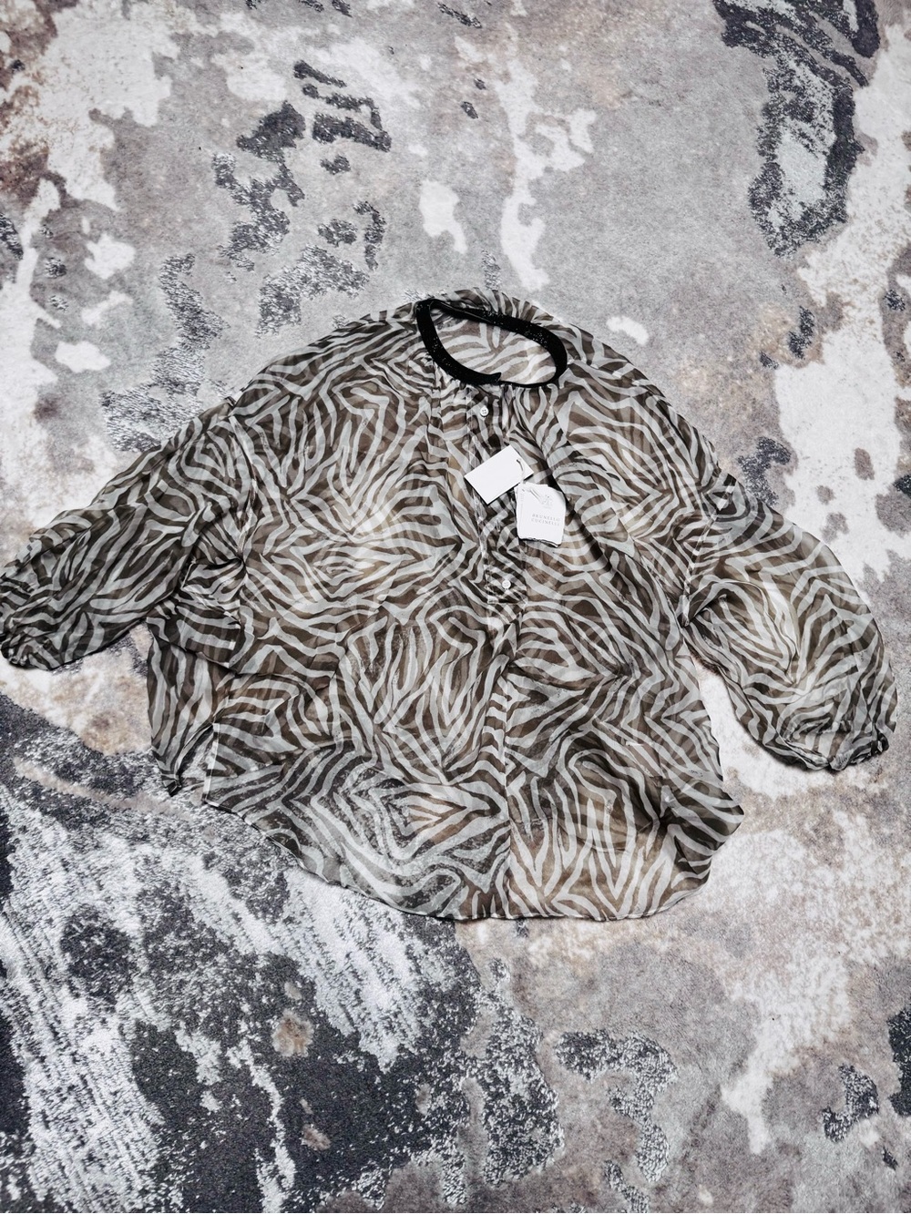 Brunello Cucinelli Sheer Zebra-Print Blouse - Sage and Cream